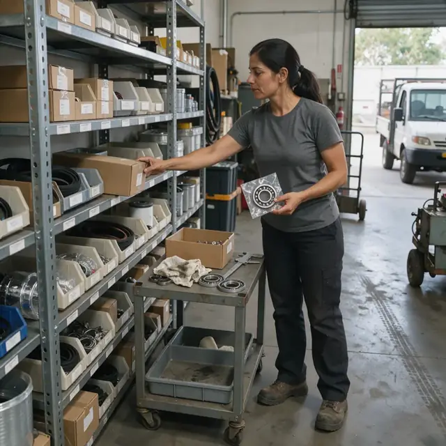 a metal shelving unit in a parts room stocked with boxed bearings, seals, belts and filters with bin labels visible