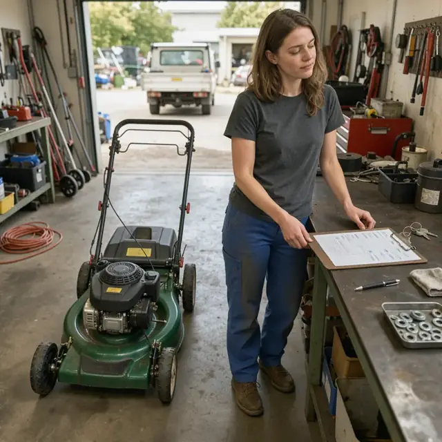 a clean repaired lawn mower parked beside a clipboard holding its completed service invoice and keys on a shop counter