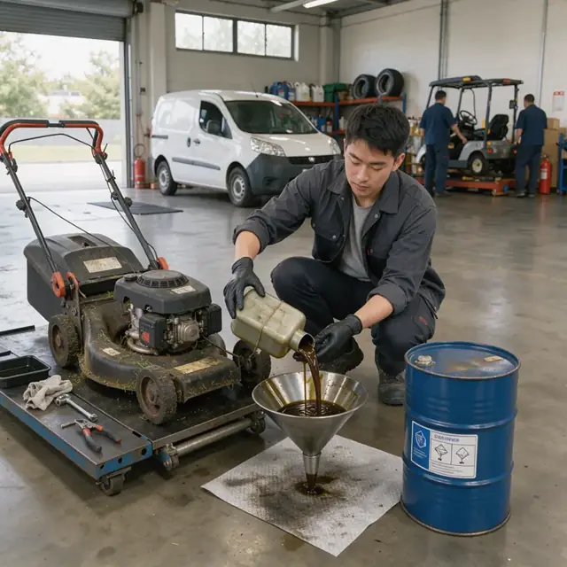 a technician wearing gloves pouring used engine oil from a mower into a labeled collection drum in a well-lit service bay