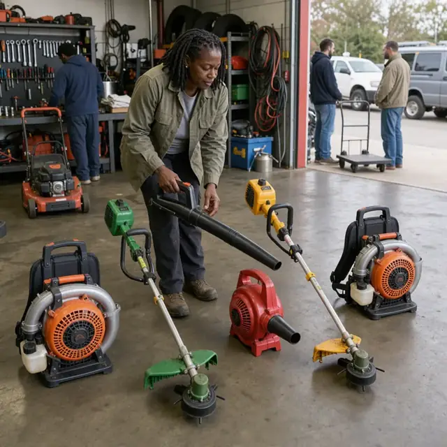 a row of freshly serviced leaf blowers and string trimmers lined up on a shop floor ready for customer pickup
