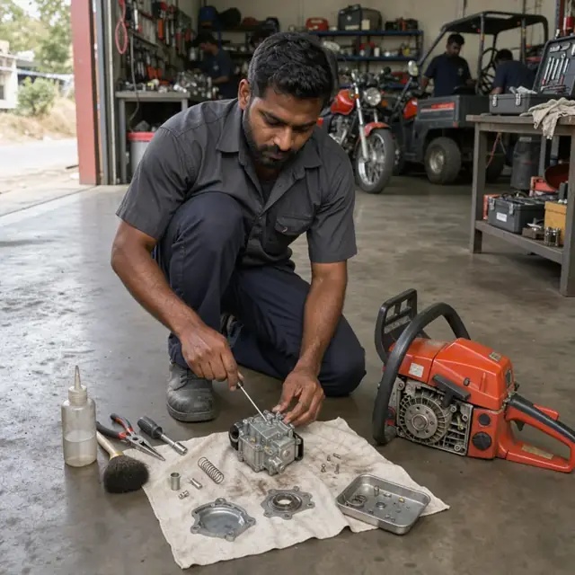 a technician kneeling on a shop floor disassembling a chainsaw carburetor with parts laid out on a clean rag