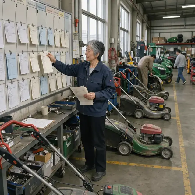 a large shop calendar board with work orders clipped under technician names beside a row of mowers waiting in bays