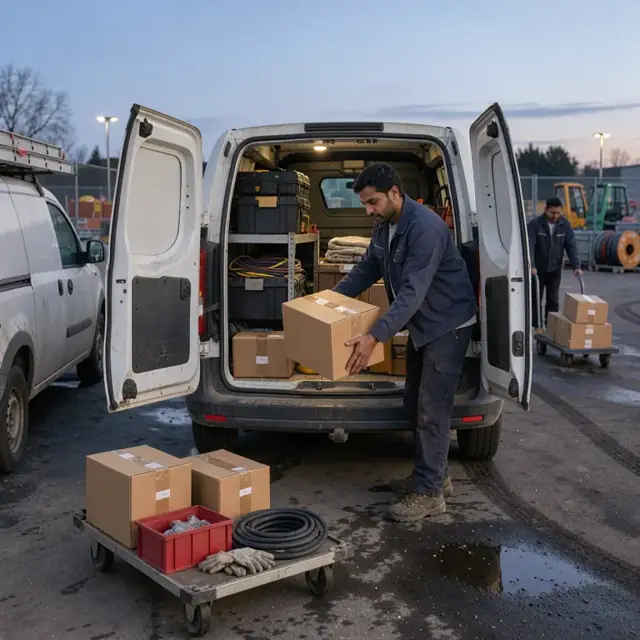 a service van with its rear doors open revealing toolboxes and boxed parts being loaded at dawn in a fenced equipment yard