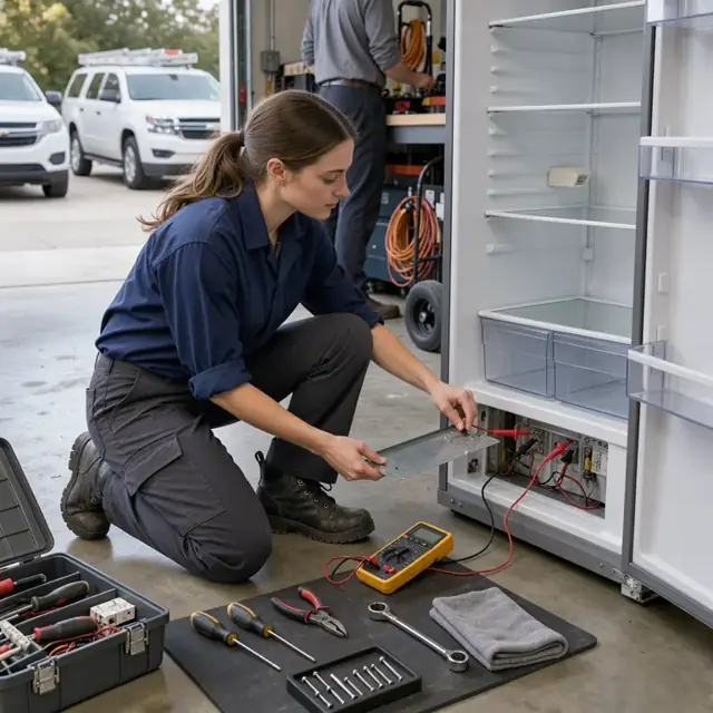 a technician kneeling before an open refrigerator interior with a multimeter connected to exposed terminals and tools arranged on the floor