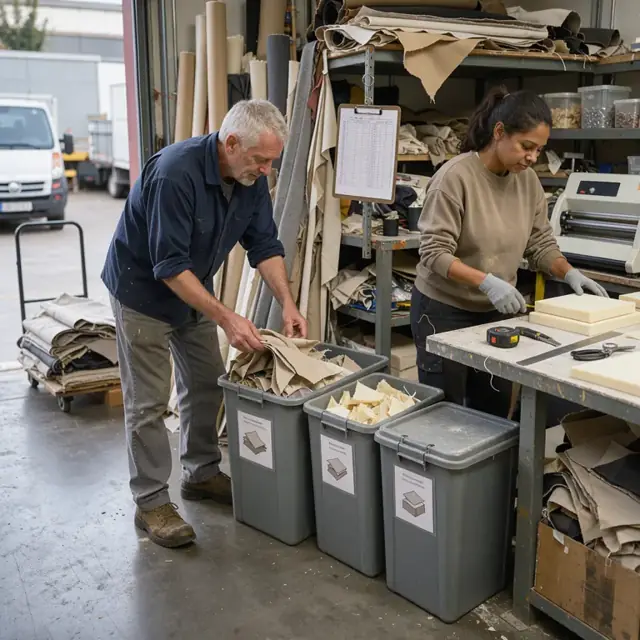 a workshop corner with labeled bins for fabric scraps, foam waste and a clipboard with disposal tracking sheets
