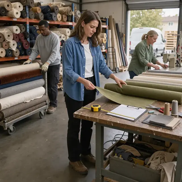 rolls of upholstery fabric stacked on shelving with a tape measure and order forms on a nearby table