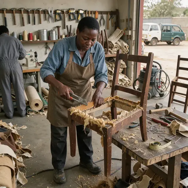 an upholsterer stripping old fabric from a wooden chair frame in a dusty workshop with tools hanging on the wall