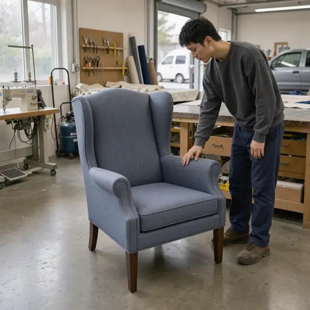 a finished wingback chair standing in a clean area of the workshop with tools put away and lighting focused on the fabric