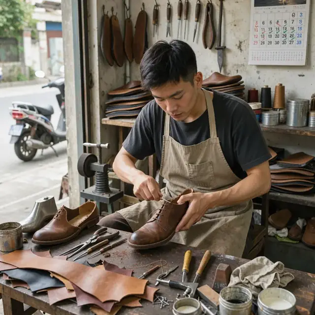 a cobbler workbench with leather pieces, stitching awls, glue pots and a wall calendar showing repair due dates