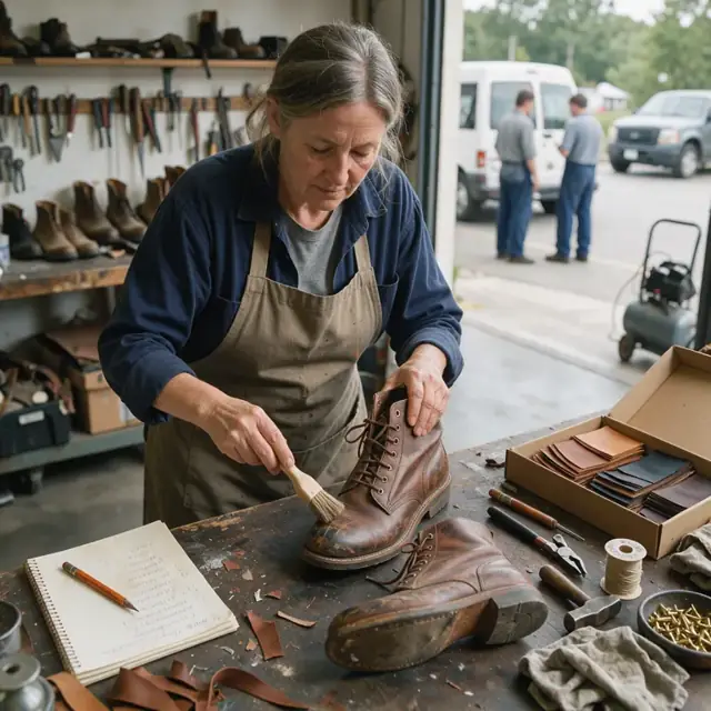a workbench with a pair of scuffed boots, a notepad showing handwritten repair notes and an open box of leather swatches