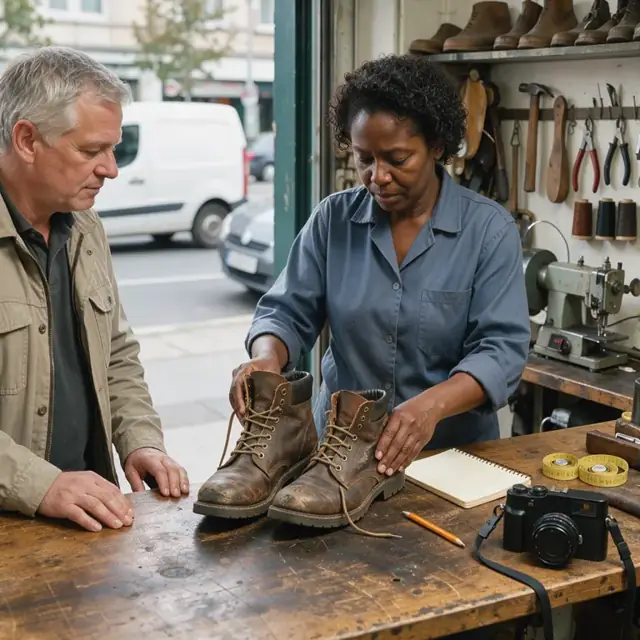 a wooden shop counter with a pair of worn leather boots placed next to a notepad, measuring tape and camera ready for intake photos
