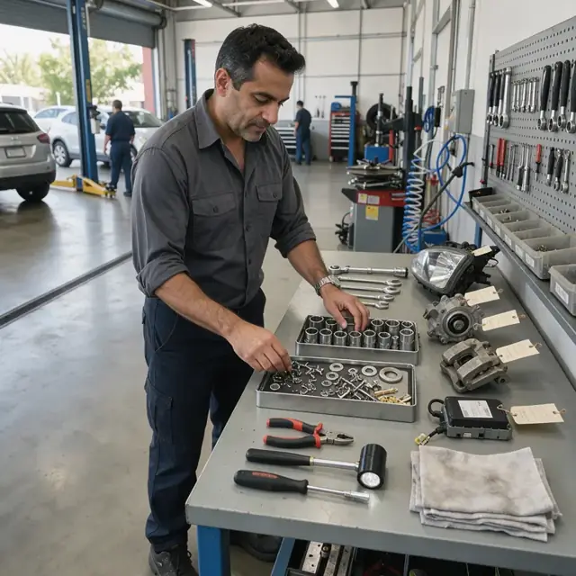 a repair technician organizing tools and small parts trays on a clean organized workbench with several ticketed items in queue