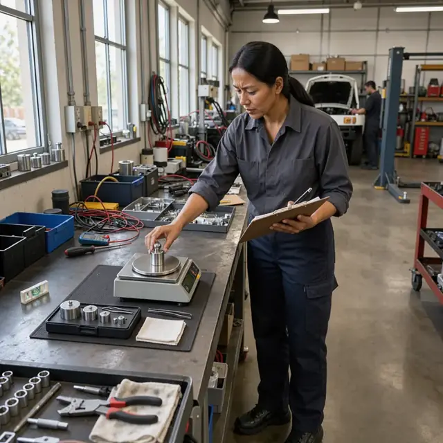 a technician checking the calibration of a precision scale and recording results on a clipboard in a repair workshop