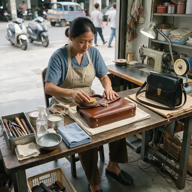 a technician carefully polishing a leather bag at a workstation with cleaning supplies and a finished item ready for return