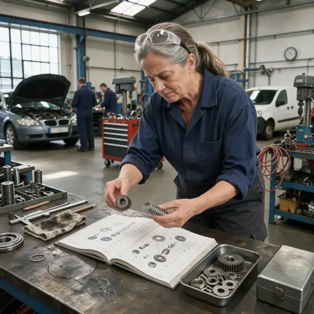 a technician comparing a small gear and spring against an open parts catalog page in a well-lit workshop