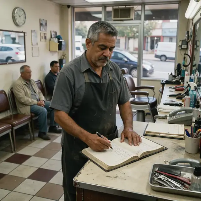 a barber standing at the front desk reviewing an appointment book next to a row of waiting chairs and a wall clock