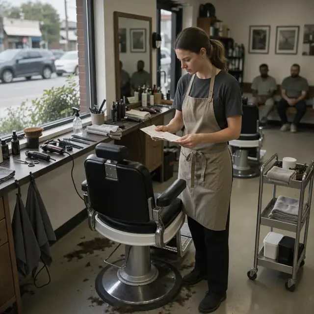 a barber reviewing client preference cards at the styling station between haircuts