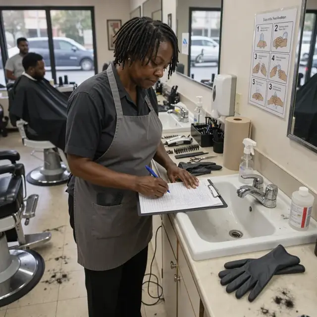 a barber writing on a sanitation log sheet next to a sink with posted handwashing instructions