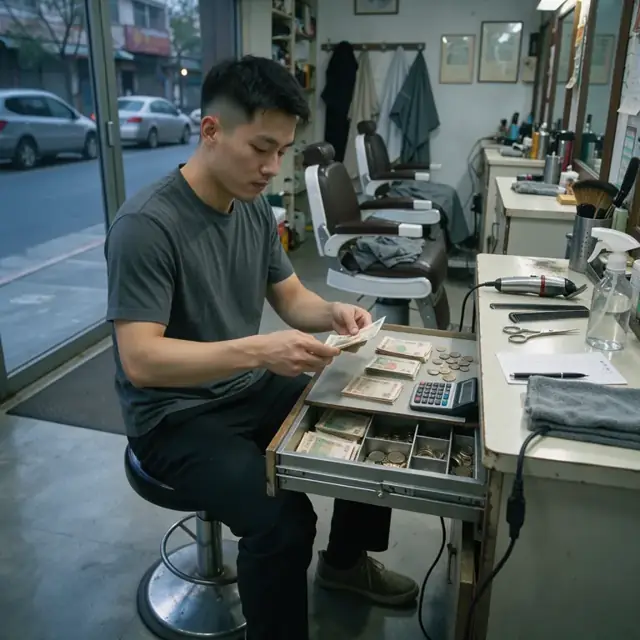a barber counting cash from the register drawer at a small desk beside the front counter at closing time
