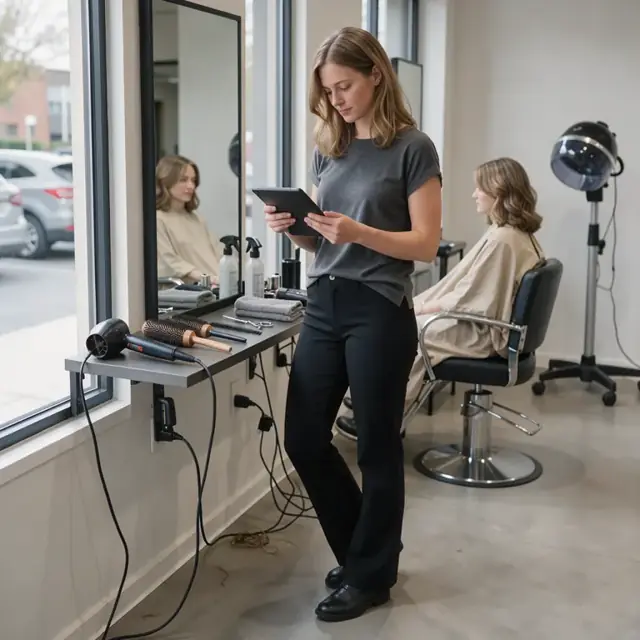 a stylist reviewing a client file on a tablet while standing at a styling station with finished hair in the mirror behind