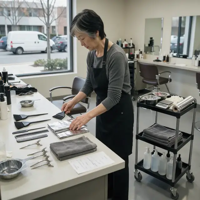 a stylist laying out brushes, combs and foils on a clean station counter with a printed client card beside a rolling color cart