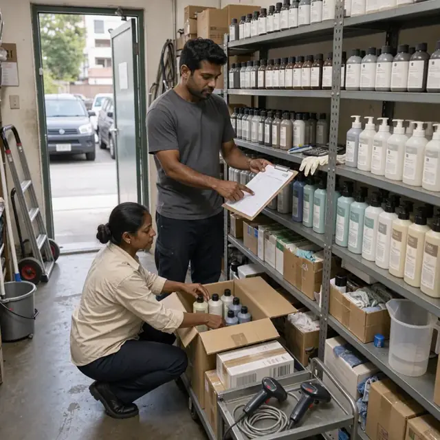 a back room shelf with bottles of hair color, developer and retail shampoo being counted against a printed inventory sheet