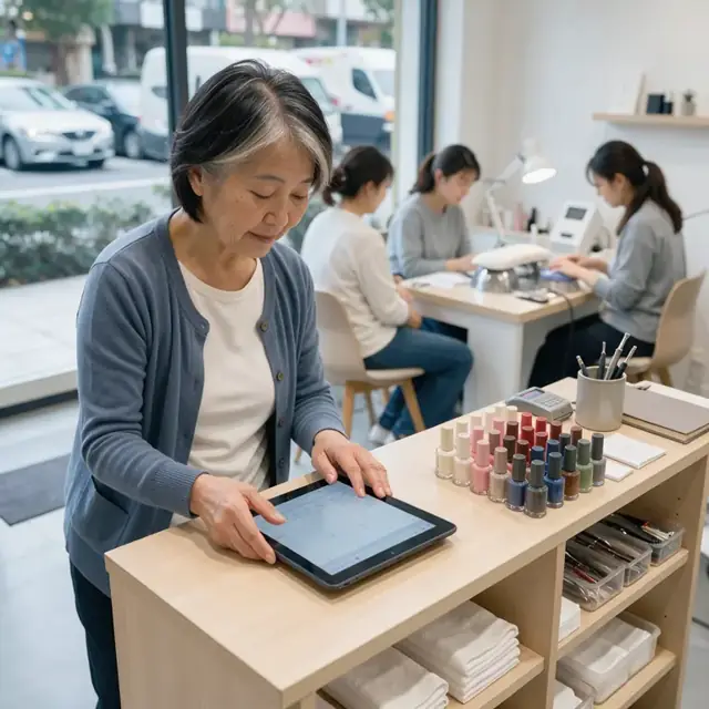 a worker at a reception desk reviewing client booking details on a tablet beside an organized display of nail polish bottles