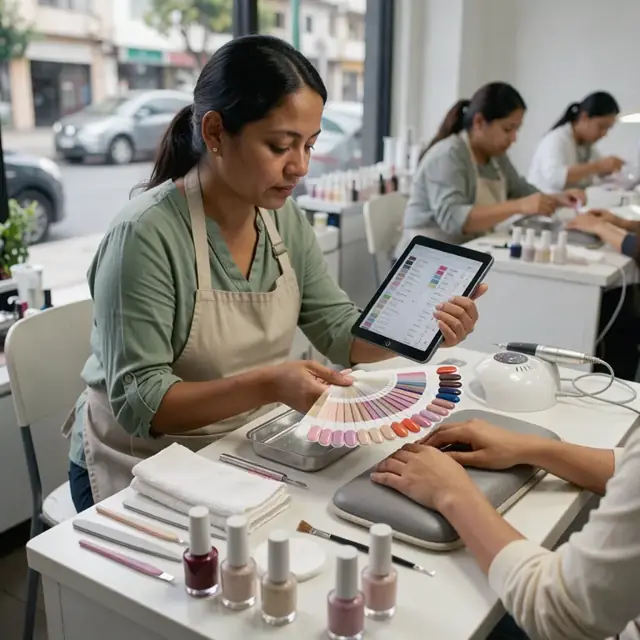 a worker reviewing client preference notes on a tablet while holding a color swatch wheel at a manicure desk