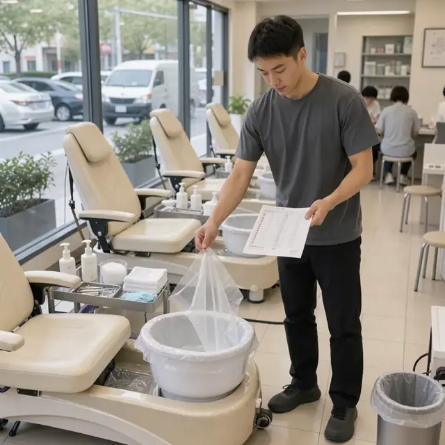 a worker consulting a printed daily schedule sheet while preparing a pedicure station with fresh liners