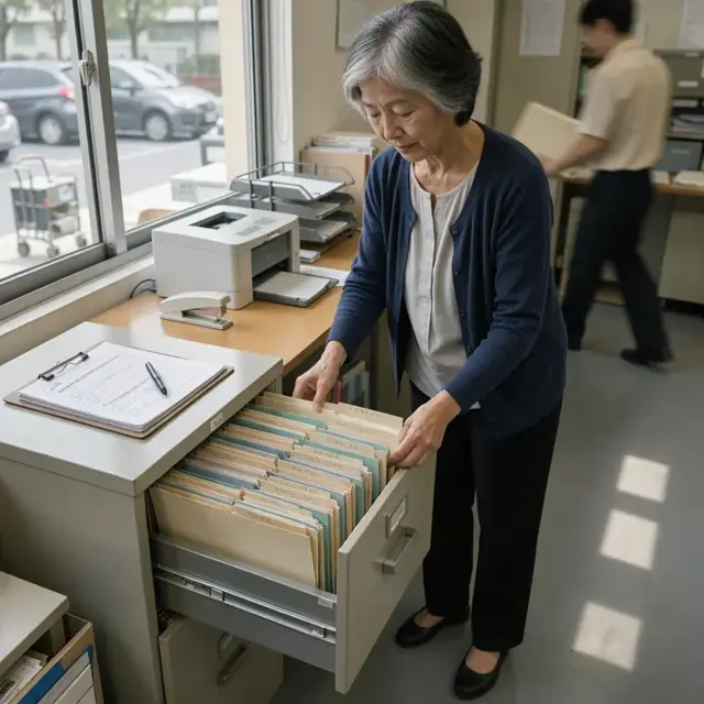 an open filing cabinet drawer filled with neatly labeled client folders and a stack of signed waiver forms resting on top of the cabinet