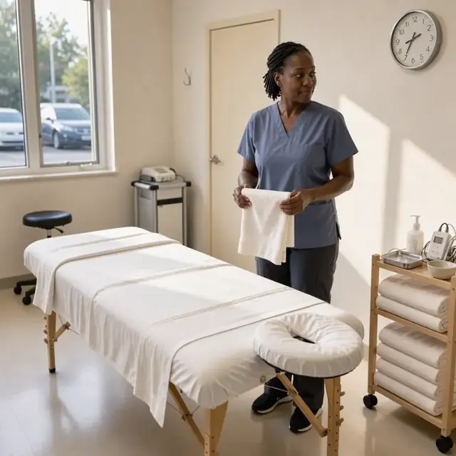 a treatment room with freshly changed linens on a massage table, folded towels stacked nearby and a wall clock showing morning light