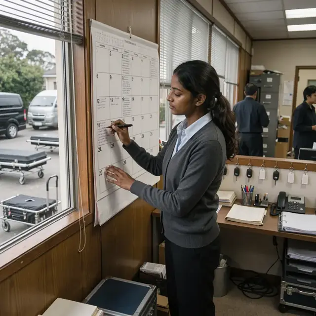 a funeral director standing at a large wall calendar in a wood-paneled office marking service times beside a row of vehicle keys