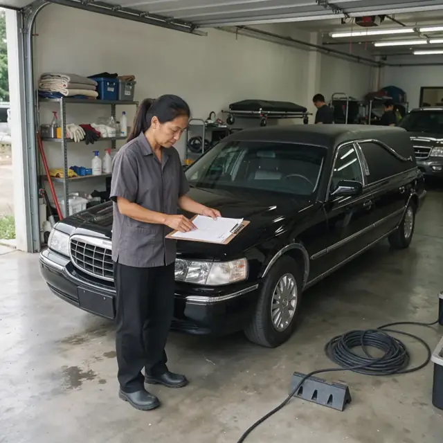 a funeral home garage with a black hearse parked inside and a clipboard with route sheets resting on the hood