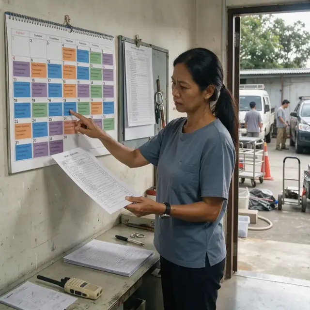 a wall calendar in an office covered with color-coded service blocks for cremations and burials next to a printed work order