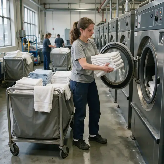 a worker loading folded towels from a large rolling cart into an industrial dryer in a row of humming machines