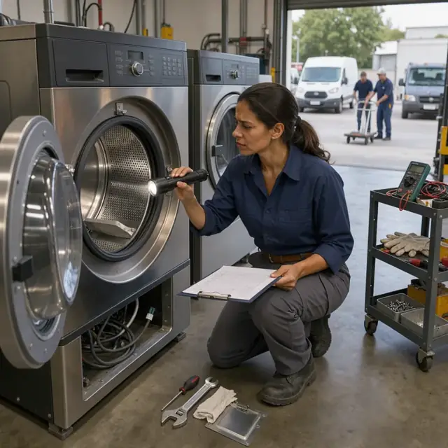 a worker using a flashlight to inspect the interior of a large commercial washer while referencing a maintenance clipboard