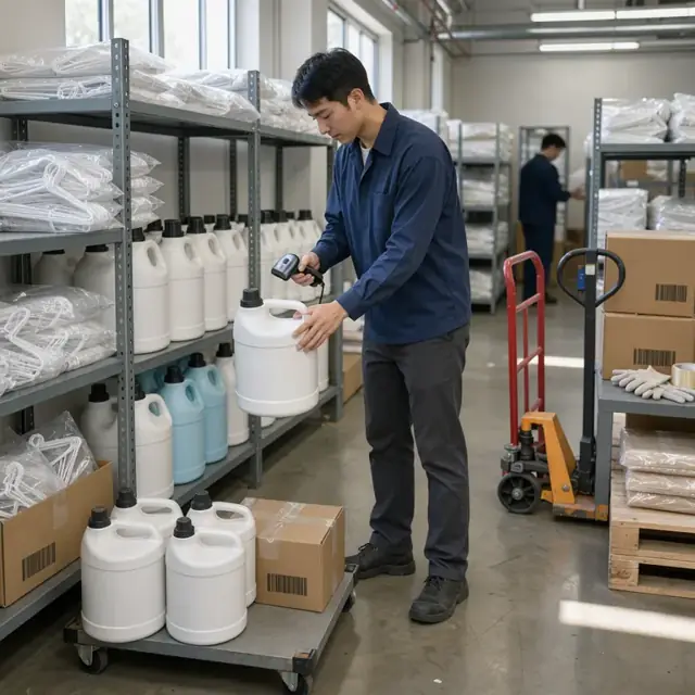 a worker scanning detergent drums and boxes of hanger bags on metal shelving in a laundry supply room