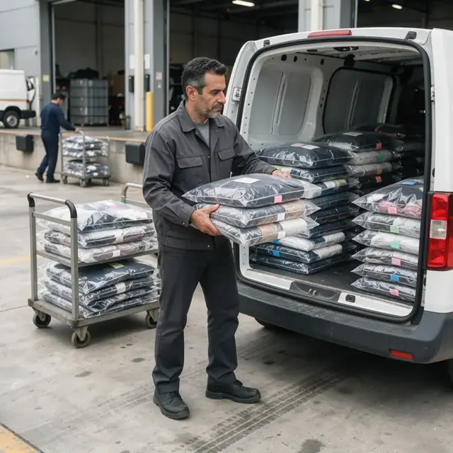 a driver loading neatly bagged and tagged garments into the back of a clean van parked at a commercial loading dock
