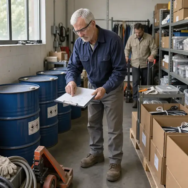 a worker checking barrels of solvent and boxes of garment hangers against an inventory checklist in a supply room