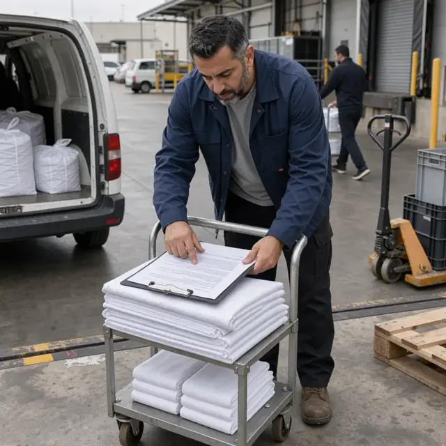 a worker reviewing a printed service agreement and folded white linens on a clipboard at a loading dock