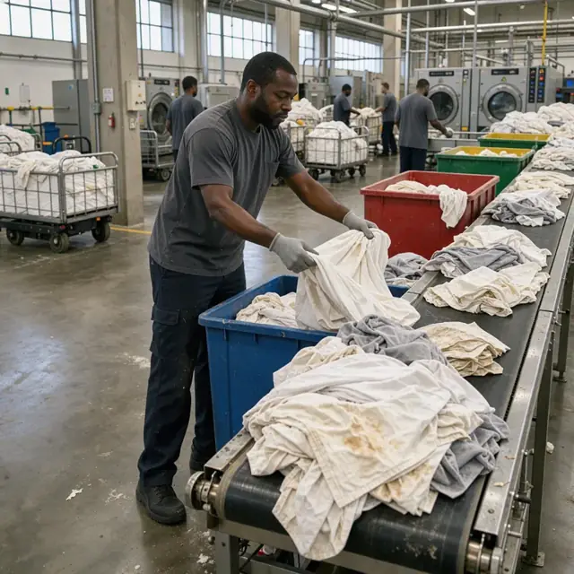 a worker sorting large piles of soiled hotel linens into color-coded bins along a conveyor in a laundry plant