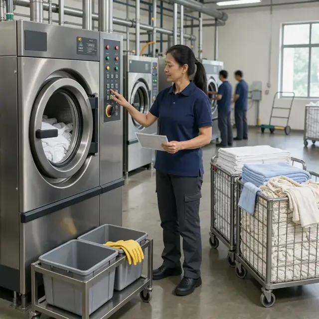 a technician programming an industrial washer with a control panel while large carts of sorted linens wait nearby
