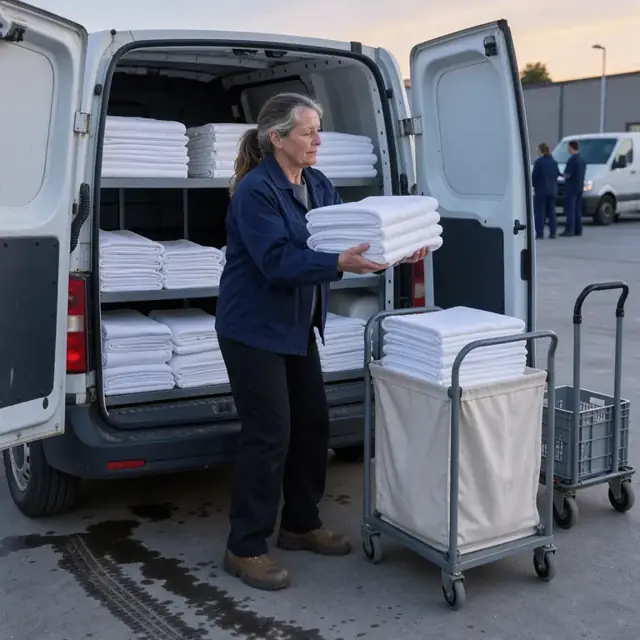 a driver loading neatly folded stacks of clean white towels and sheets into the back of a delivery van at dawn