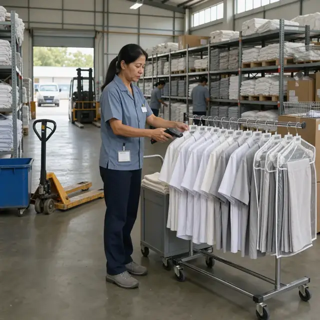 a worker scanning barcoded clean uniforms hanging on a rolling rack inside a large linen storage warehouse with tall metal shelving