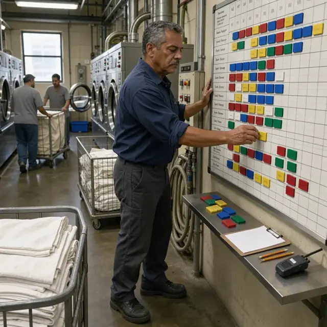 a worker reviewing a large wall-mounted schedule board filled with colored magnetic tags representing washer loads in a busy industrial laundry control room