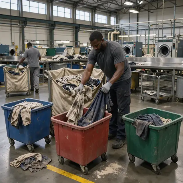 a worker sorting heavily soiled shop towels and aprons from a large canvas sling into color-coded carts in a high-ceiling industrial laundry sorting room