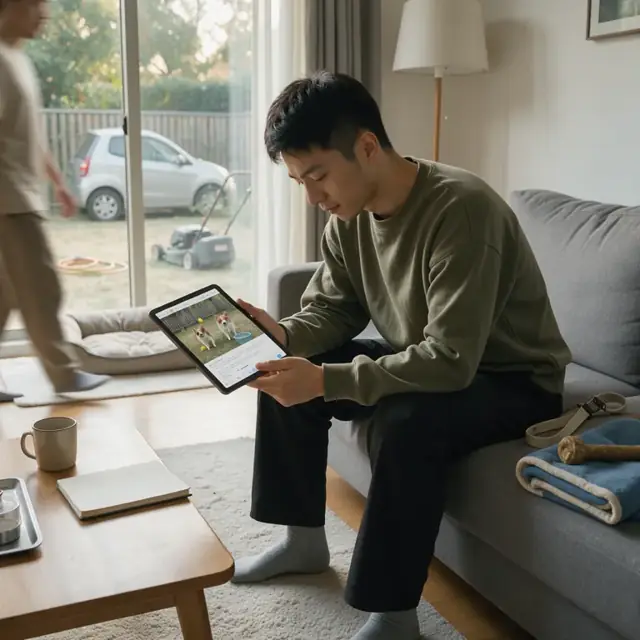 a pet owner at home viewing a tablet displaying photos of their dog playing in a yard with a text update visible on screen