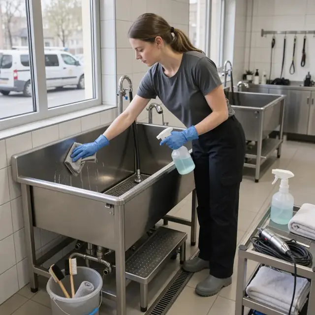 a worker wiping down a stainless steel grooming tub with spray bottle and cloth in a tiled pet care facility