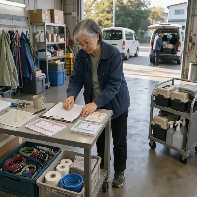 a handler in a facility reviewing printed daily route sheets and pet instruction cards before starting morning services