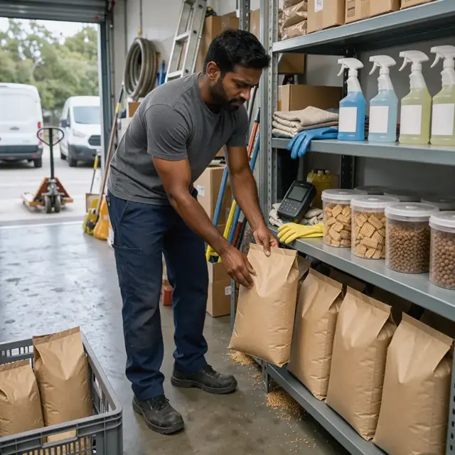 a worker checking bags of pet food, containers of treats and bottles of cleaning solution on metal shelving in a storage room